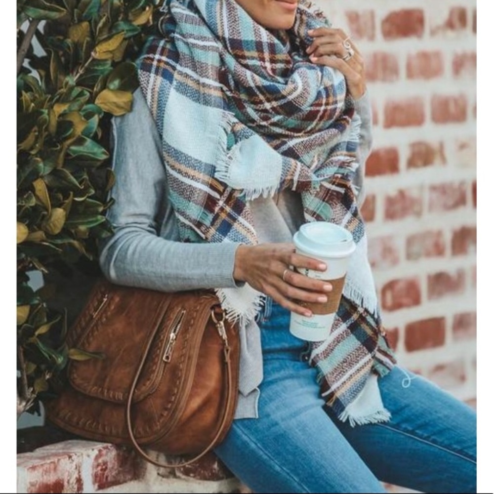 Teal Mint Plaid Frayed Hem Blanket Scarf - Picture 5 of 5